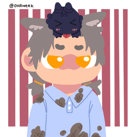 Ohn in muddy pyjamas with Raon on her head. Art by salaapaoo.